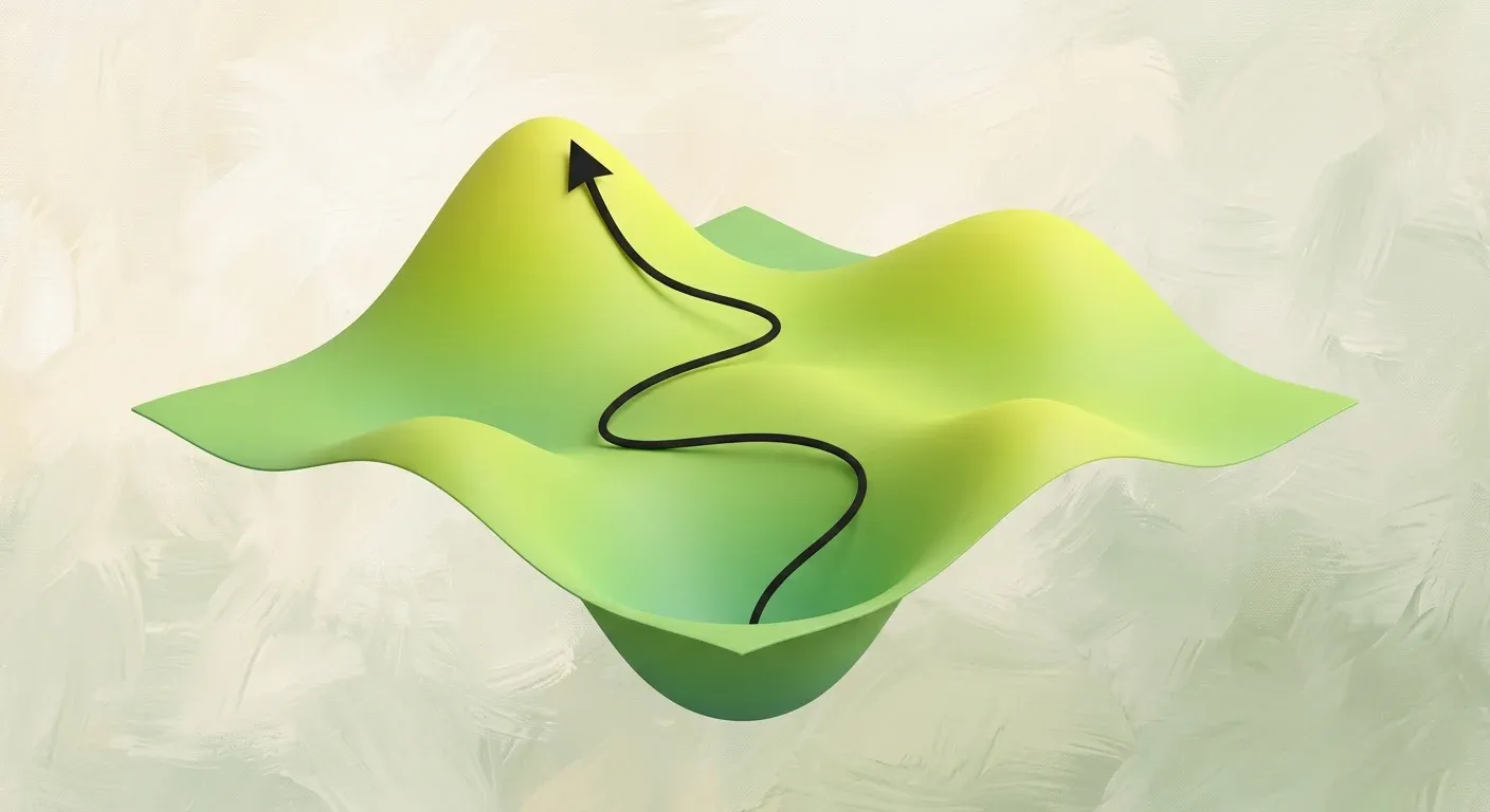 A 3D optimization surface with an ascent path climbing toward a peak