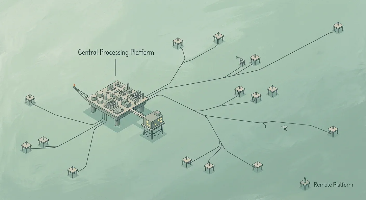 An offshore pipeline network drawn as a tree, with remote platforms routing to the central processing platform