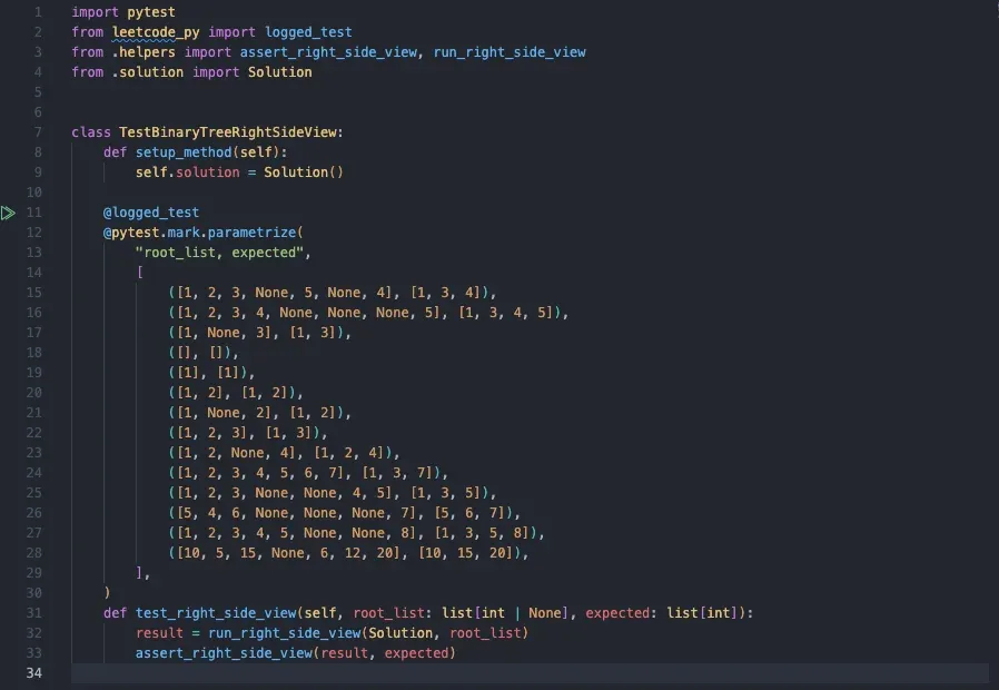 A generated test_solution.py showing a parametrize decorator with a table of root_list and expected pairs, and a single typed test method
